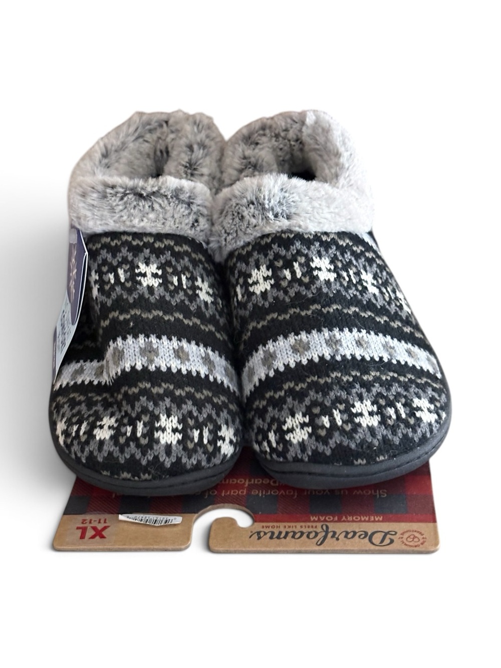 NWT dearfoams Black and Gray Knit Faux-Fur Lined Slip-On Slippers